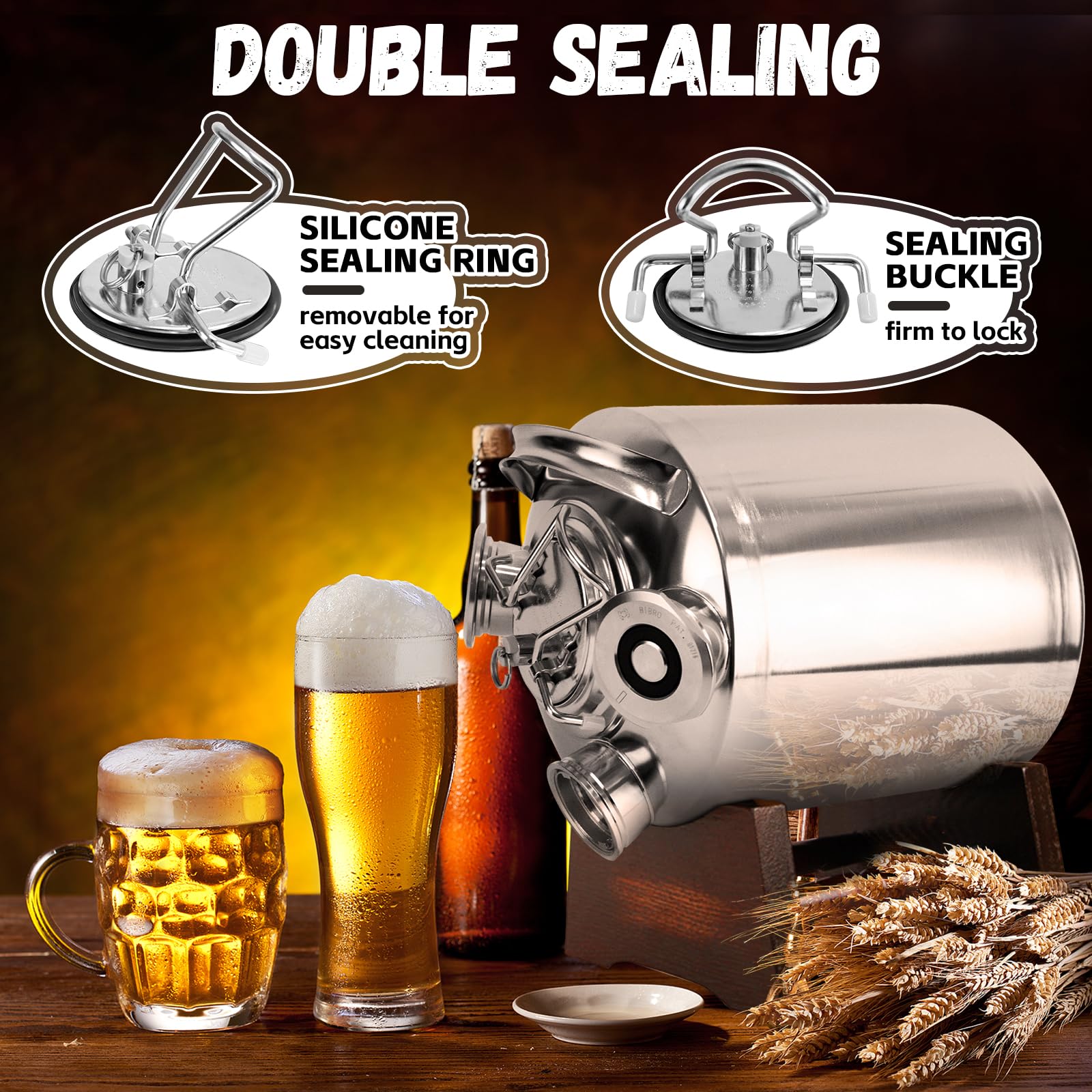 Barril de limpieza de cerveza de acero inoxidable de 10 l, 3 cabezales de limpieza con tapa, incluye pinchos A, S, G, dispositivo de limpieza de cerveza para grifo de cerveza de 10 L, acero inoxidable