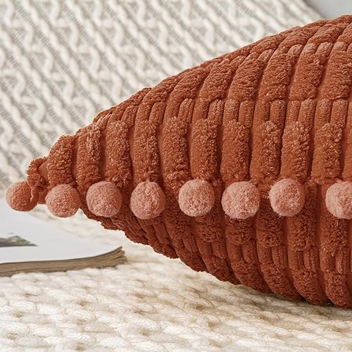 Miniatura 2 de MIULEE Juego de 2 fundas de almohada decorativas de pana oxidada, paquete de 2 fundas de almohada suaves con pompones, estilo bohemio, a rayas,