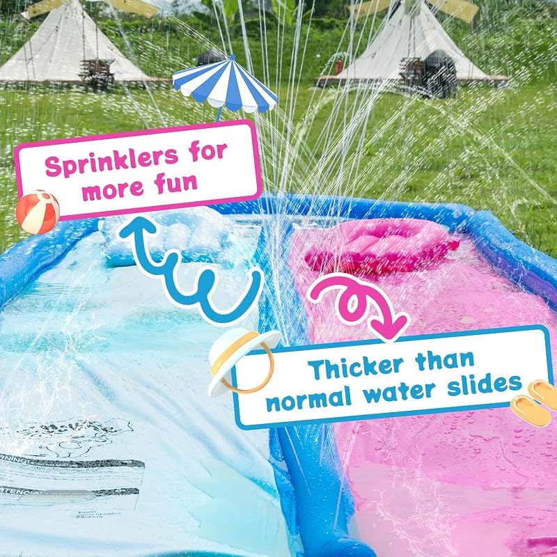 jooeer Dupla Vízcsúszda Felfújható Slip n Slide 6m Kerti Vízjáték Testdeszkával Locsolóval