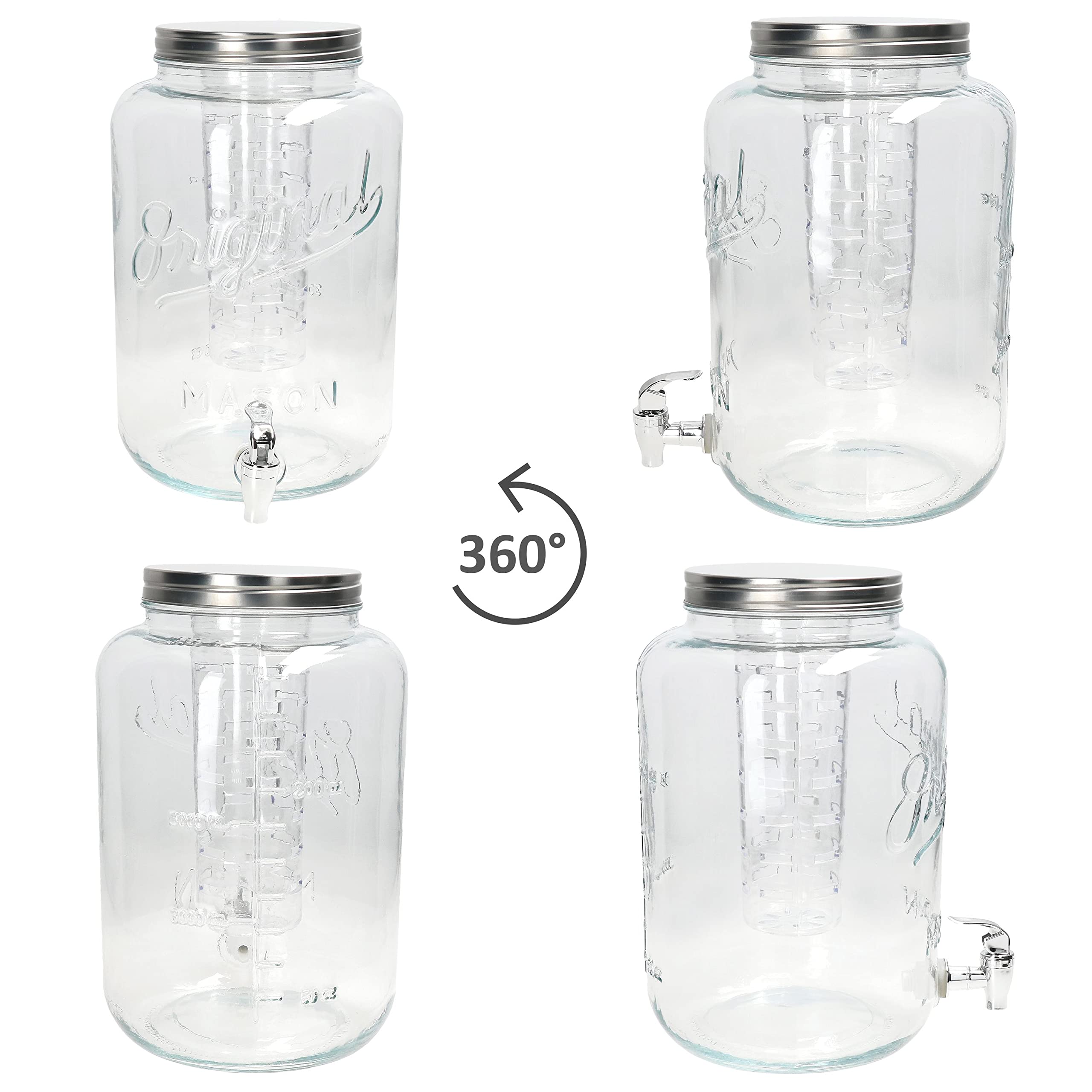 MamboCat GRIFO Getränkespender 8L aus Glas mit Zapfhahn, Deckel & Kühleinsatz I Retro & Vintage-Optik mit Füllskala I Einsatz für Früchte, Eiswürfel, Kräuter I Wasser-Spender I Für Saft & Limo