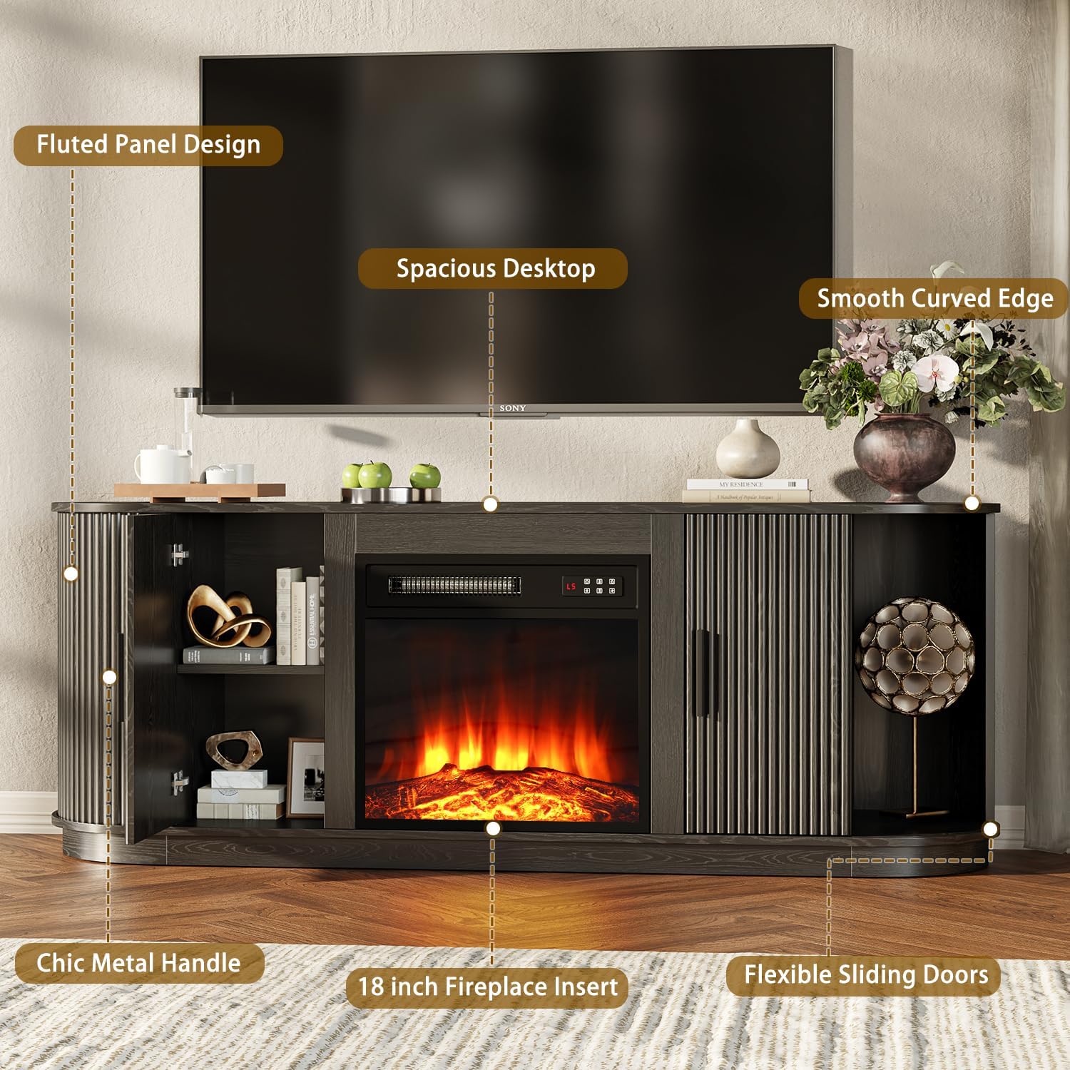 Image highlighting the fluted panel design, spacious desktop, smooth curved edge, chic metal handle, 18-inch fireplace insert, and flexible sliding doors of the TV stand.