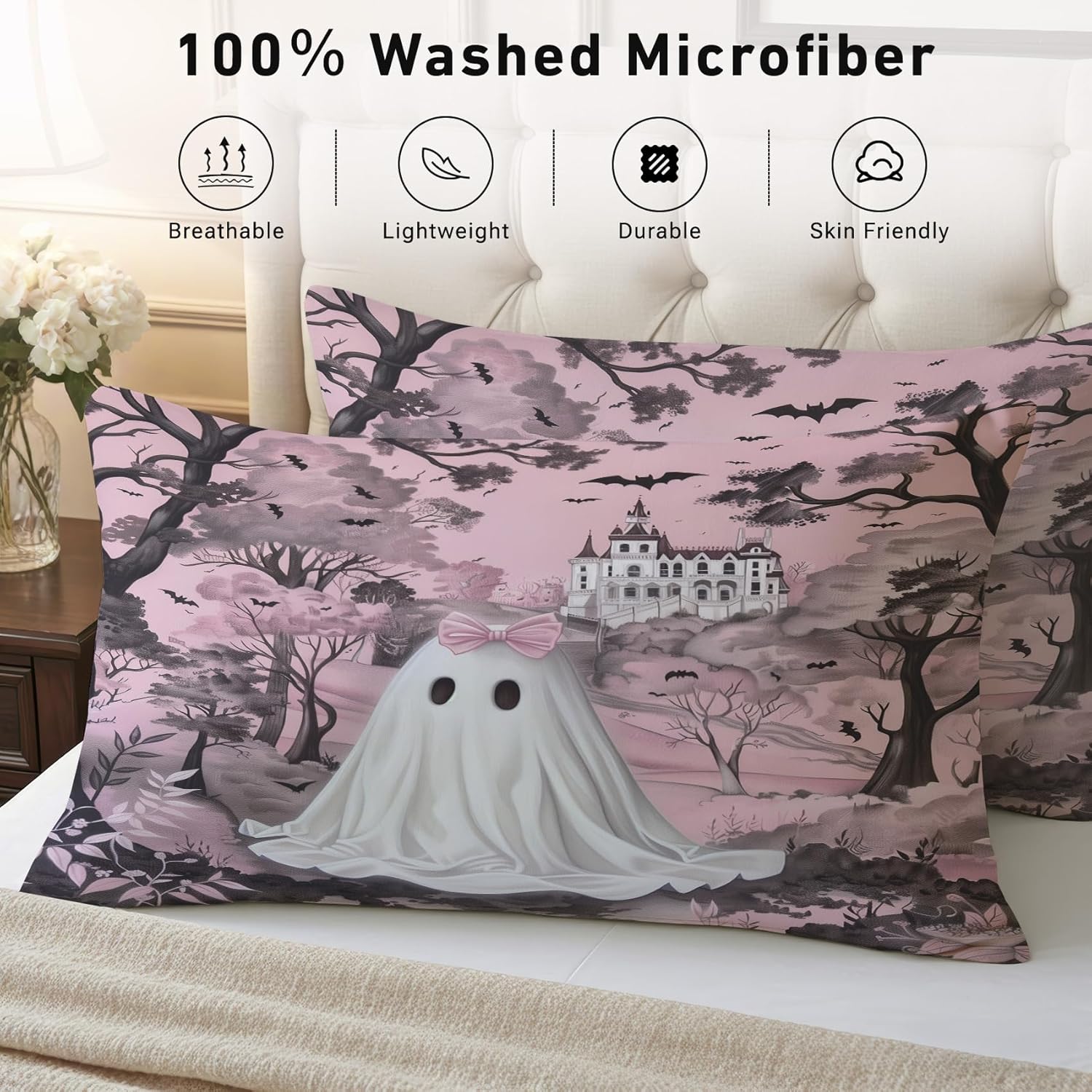 Pink Ghost Sheets California King Size - Cute Halloween Gothic Spooky Bed Sheet Set - Deep Pocket Soft Microfiber Bedding Set 4 Piece - Fitted Flat Sheet Pillowcases - Pink Ghost Bedroom Decor & Gifts