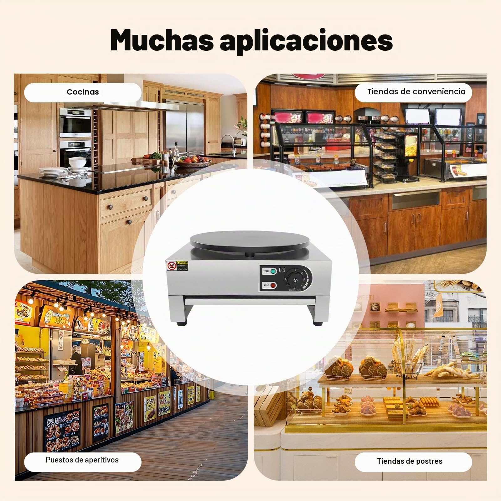 Máquina eléctrica para crepes, 3000 W, profesional, antiadherente, con esparcidor de madera, sartén eléctrica para crepes para cocinas, restaurantes, cantinas, temperatura 50-300 ℃