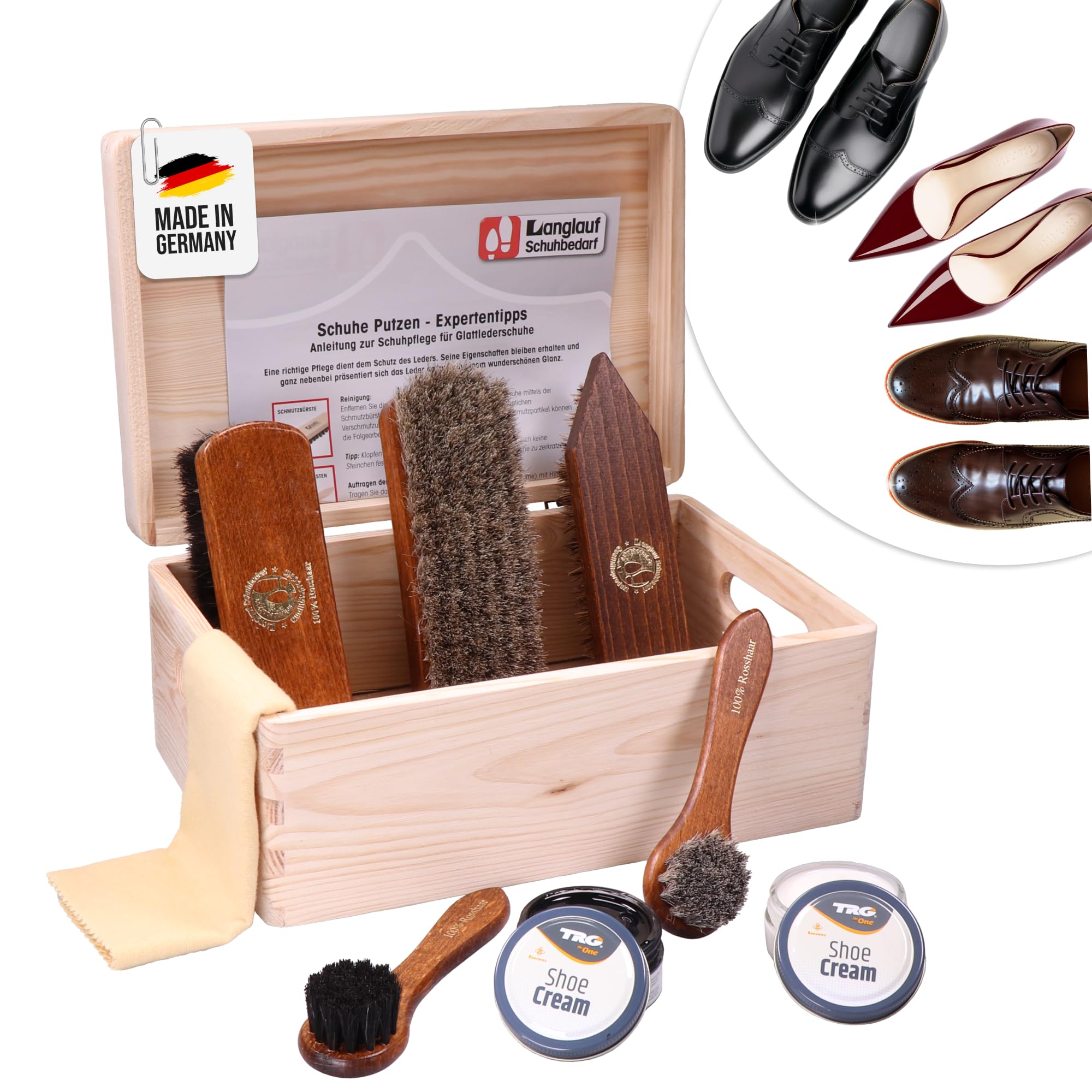 Schuhputzset Leder 9tlg Schuhputzkasten Milano I Rosshaar Schuhbürste -Tiegelbürste und extra weiche Rosshaarbürste zum polieren I Schuhbürsten Set mit Pferdehaar, Schuhpflegeset made in Germany