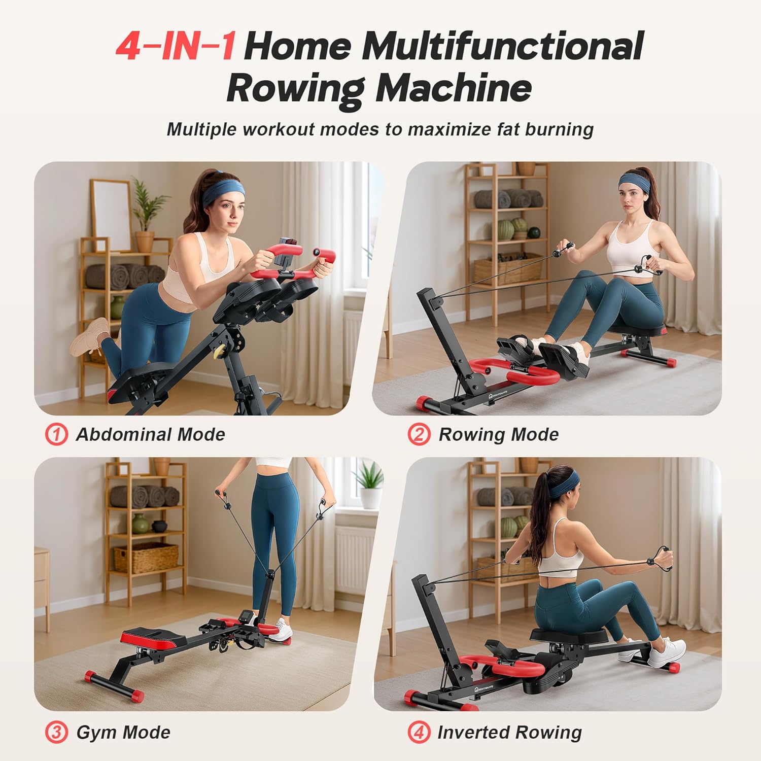 WARMOUNTS Ab Machine, 4 in 1 Foldable Rowing Machine Full Body Workout for Home Gym, Ab Workout Machine with 4 Adjustable Handle & LCD Monitor