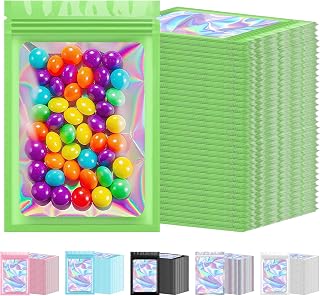 300Pcs Holographic Mylar Bags, Resealable Foil Pouch, Green 3"x4.7" | Smell Proof Bags with Clear Window, Zipper Pouches for Food Storage, Samples and Small Business Packaging