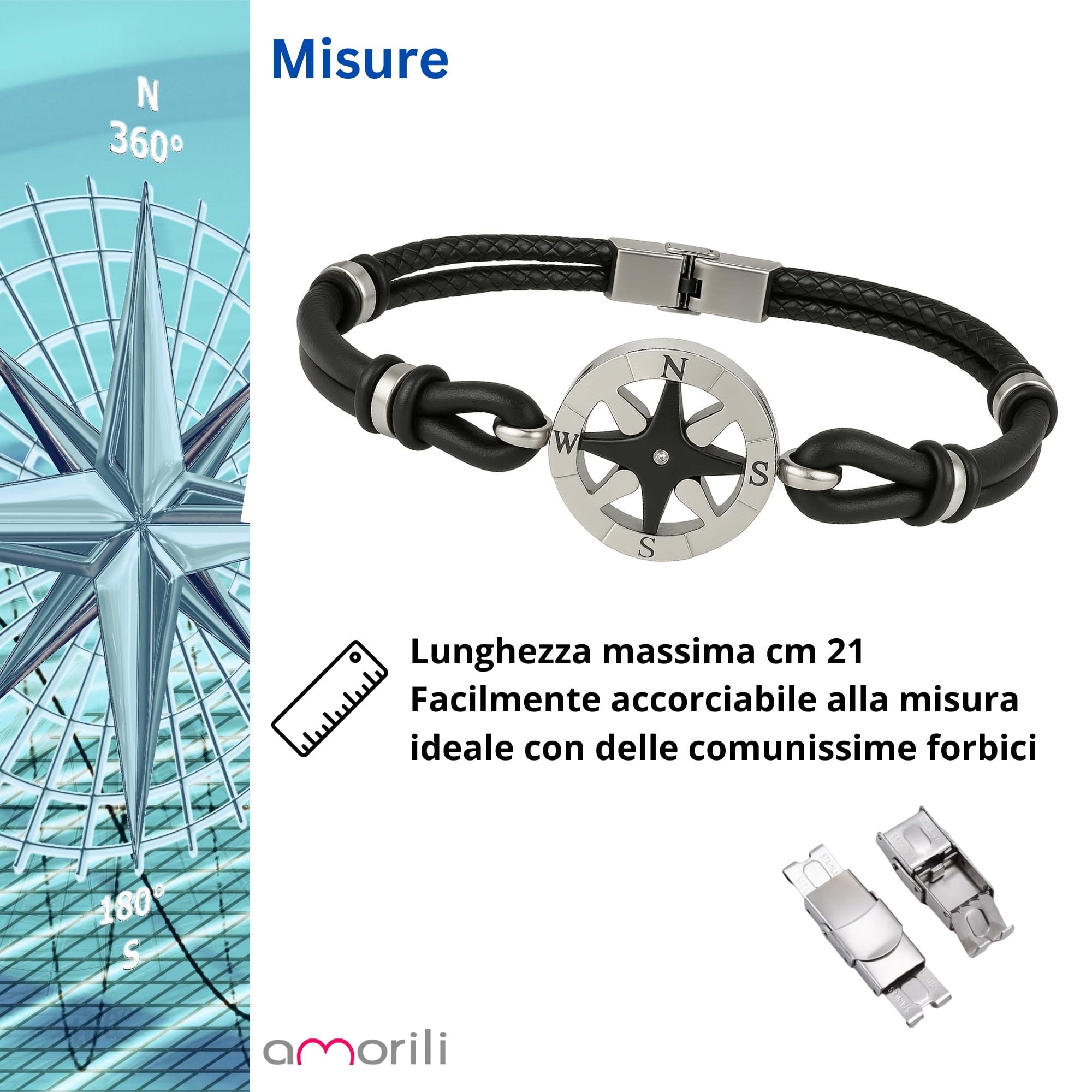 Bracciale Rosa dei Venti Uomo in Acciaio e Pelle Nera – Gioiello Nautico in Acciaio Inox, Design Compass, Idea Regalo Uomo bcc3044
