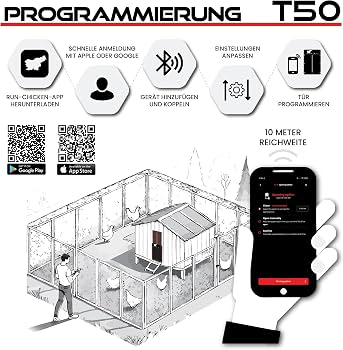 Produktbild von RUN-CHICKEN T50 Automatische Hühnerklappe Aus Aluminium – Batteriebetrieben, Wetterfest, App & Timer-Steuerung, Raubtiersicher, Einfache Montage, Für Ganzjährigen Einsatz (Braun)