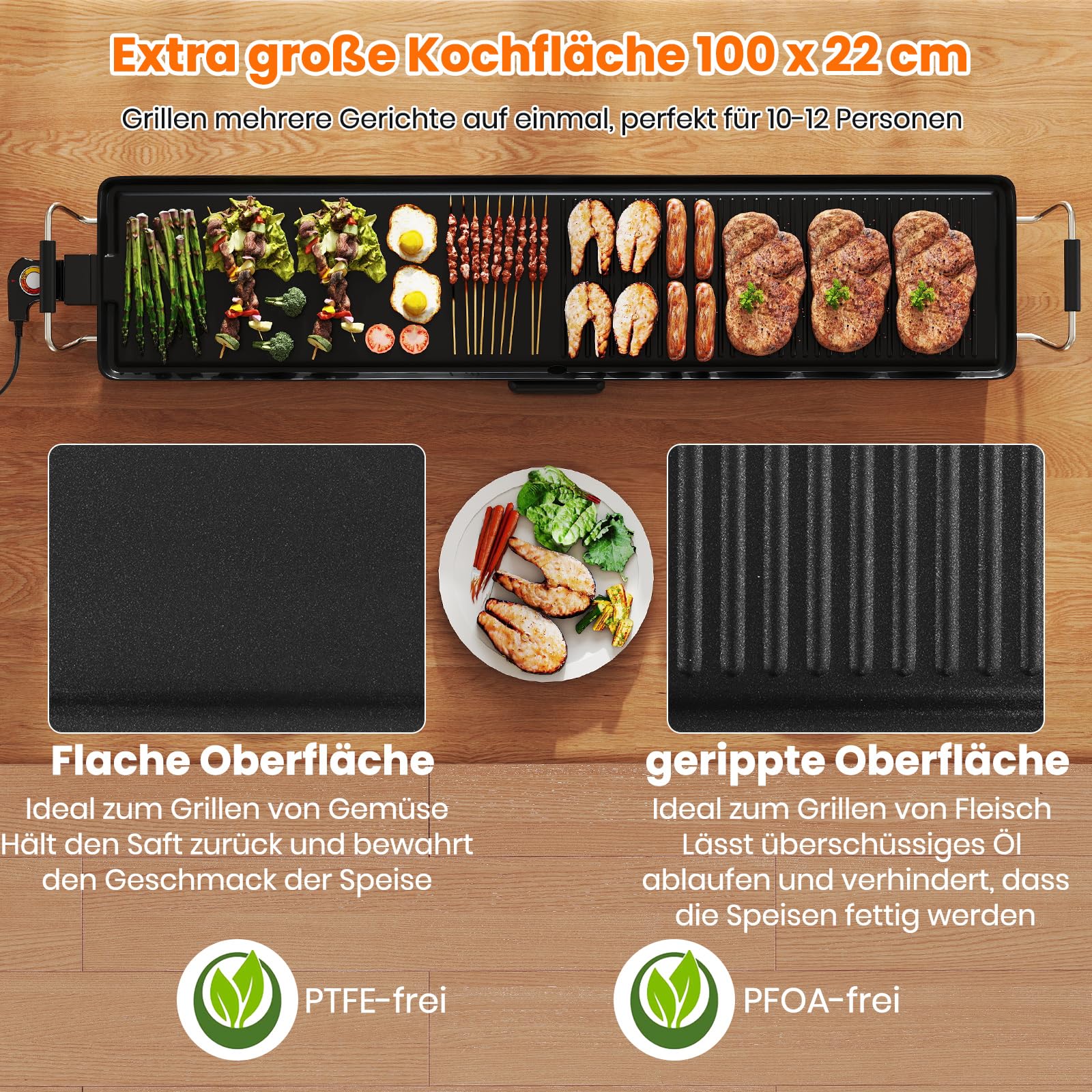 RELAX4LIFE Tischgrill elektrisch, 100 x 22 cm extra lange Teppanyaki-/Plancha-Grillplatte, Elektrogrill mit Antihaftbeschichtung & 4-stufige Temperaturregelung, 1800W, für BBQ, Familienessen, Partys
