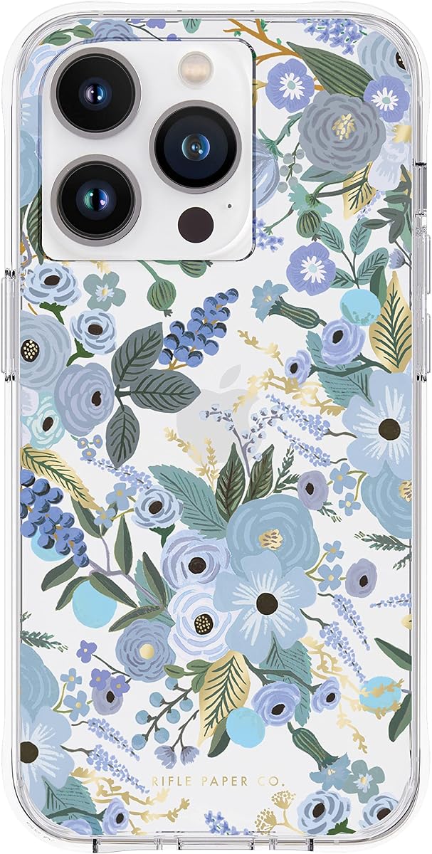 Rifle Paper Co. iPhone 14 Pro Case [Works with Wireless Charger] [10FT Drop Protection] Cute iPhone Case 6.1" with Floral Pattern, Anti-Scratch Tech, Shockproof Material, Slim - Garden Party Blue