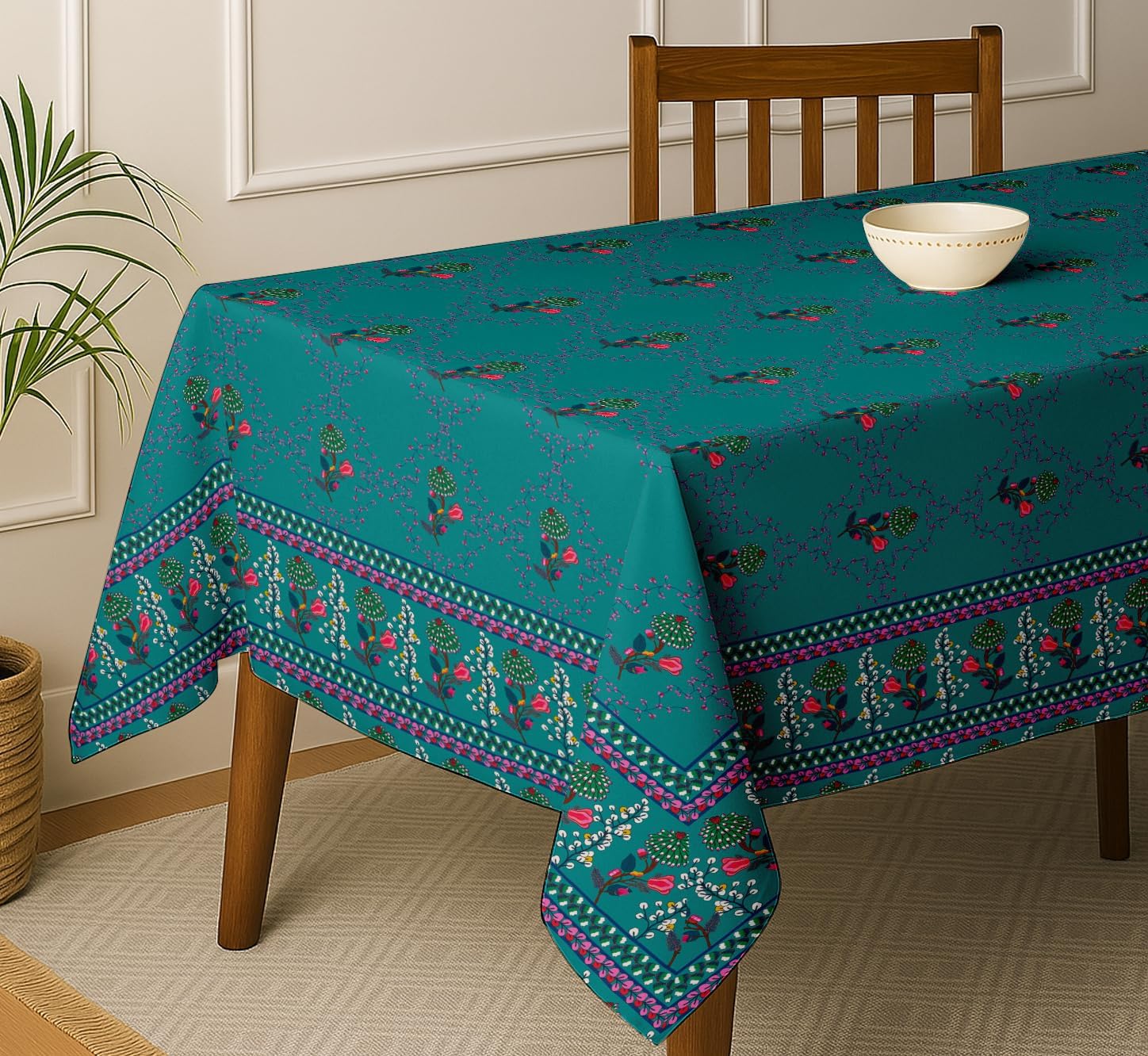 Floral Theme Cotton Tablecloth - Green 54X54 Inch Dining Table Cover, Fits 4 to 6 Seater Tables, Strong Green Stylish, Machine Washable, Perfect for Family Meals, Parties