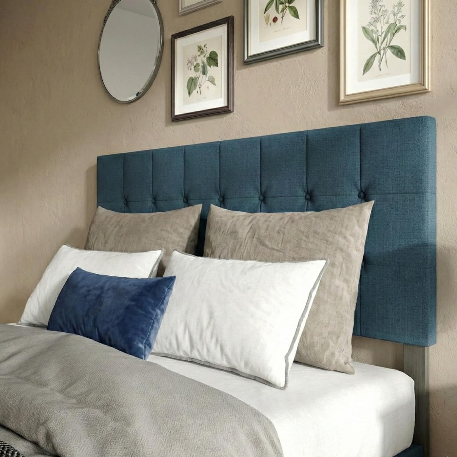 HOME DESIGN Ecorse Full Tufted Upholstered Headboard, Button Tufted Foam Padded Upholstery with Curved Silhouette, Denim Blue