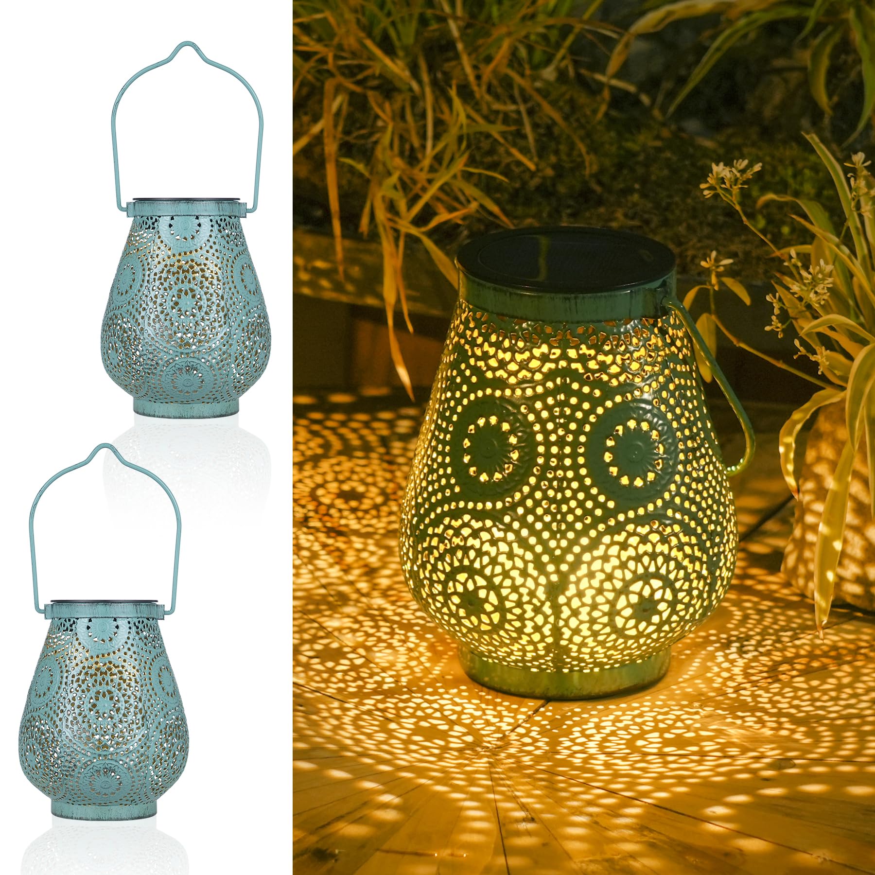 JOYCREATOR Solarlaterne für Außen 2 Stück, Marokkanische Solarlampen für Außen Garten Hängend/Stehen, IP65 Wasserdicht Solar Laternen Outdoor für Balkon Terassen Wand Tisch Weihnachtsgeschenke(Türkis)