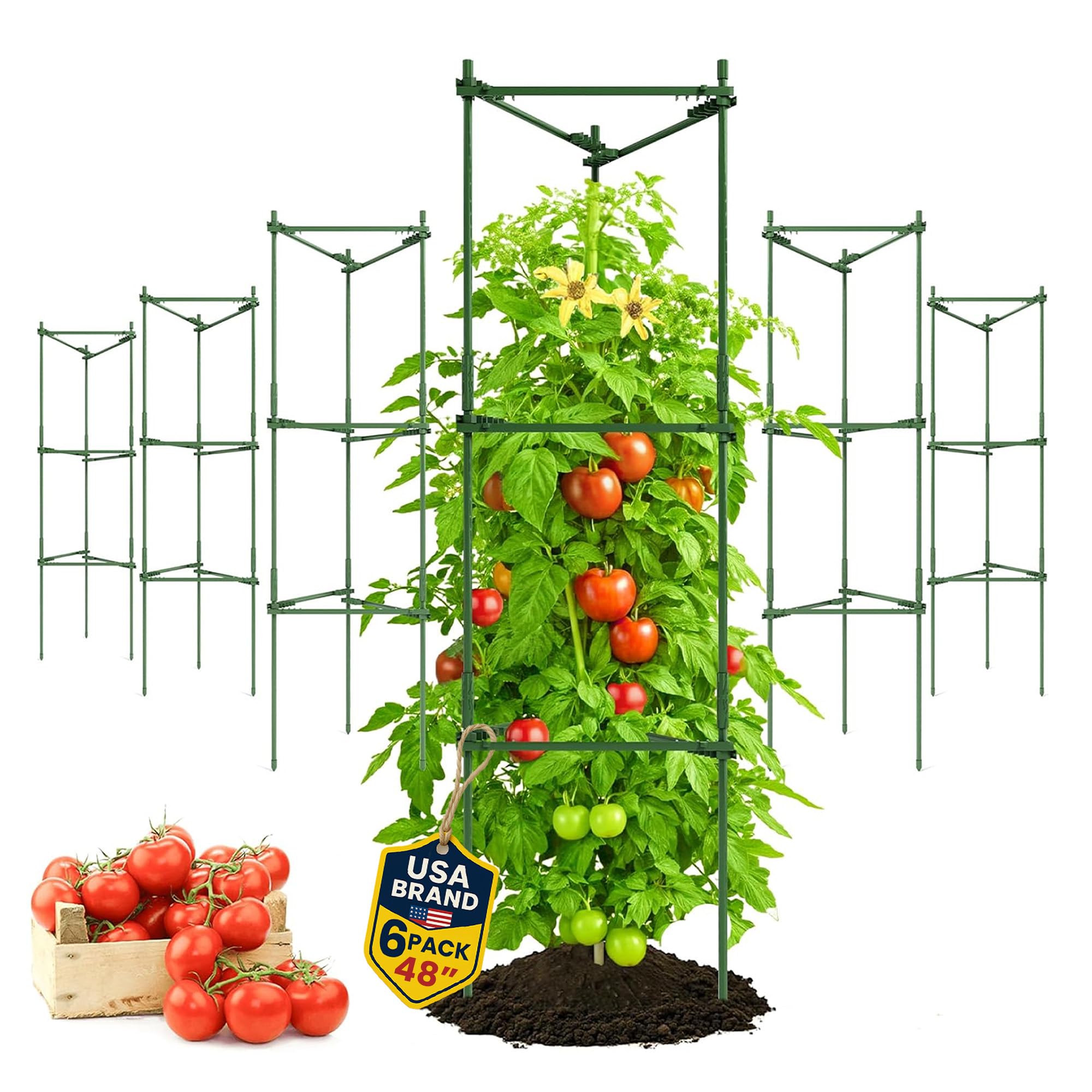 Tomato Cage - Large Trellis Stakes and Plant Support Structures for Vegetables and Climbing Plants - Tall Tomato Cages for Garden, Pots, Raised Garden Bed Outdoor Supplies (6 Pack - Up to 48")