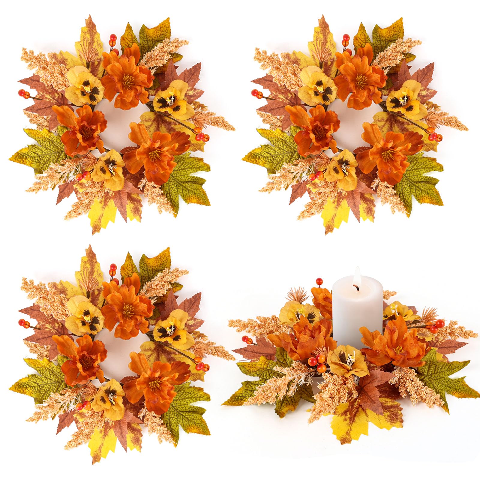 4 Pcs Fall Candle Ring Wreath, Artificial Maple Leaf Floral Candle Holder Wreath with Orange Flower Berry, Thanksgiving Harvest Mini Wreath for Pillar Candle Table Centerpiece Home Decor