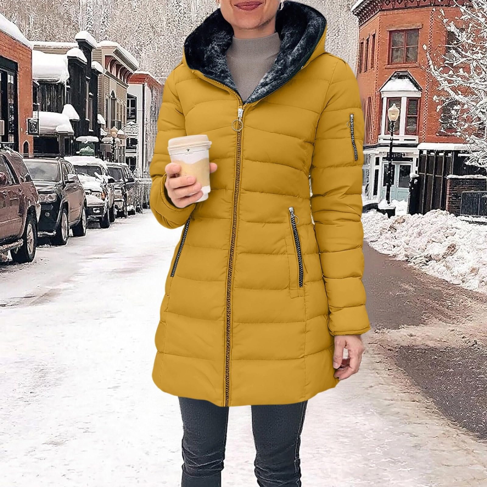 Cappotto Invernale da Donna Trapuntato Lungo con Cappuccio e Bordo in Pelliccia Giacca Imbottita in Cotone Calda, Cappotto Casual Antivento per Le Giornate Fredde