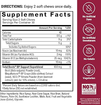 Force Factor Total Beets Blood Pressure Support Chews, Nitric Oxide Supplement with Beet Root Powder & Grape Seed Extract for Heart Health, Acai Berry Flavor, 60 Beet Chews