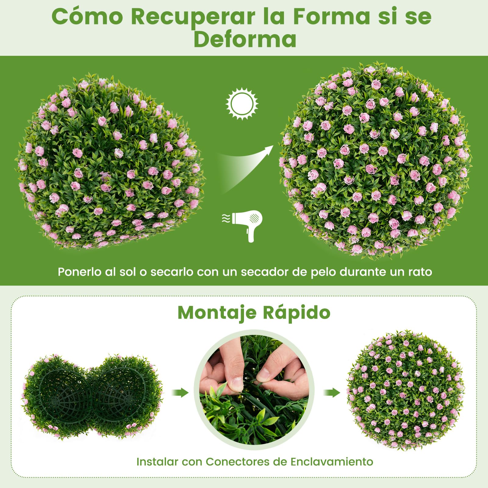 COSTWAY Juego de 2 Bolas de Topiario Artificiales, 37 cm Bolas Decorativas Falsas con Flores Rosas, Esfera de Jardín Interior y Exterior con Protección Solar para Patio, Porche, Hogar, Césped y Bodas