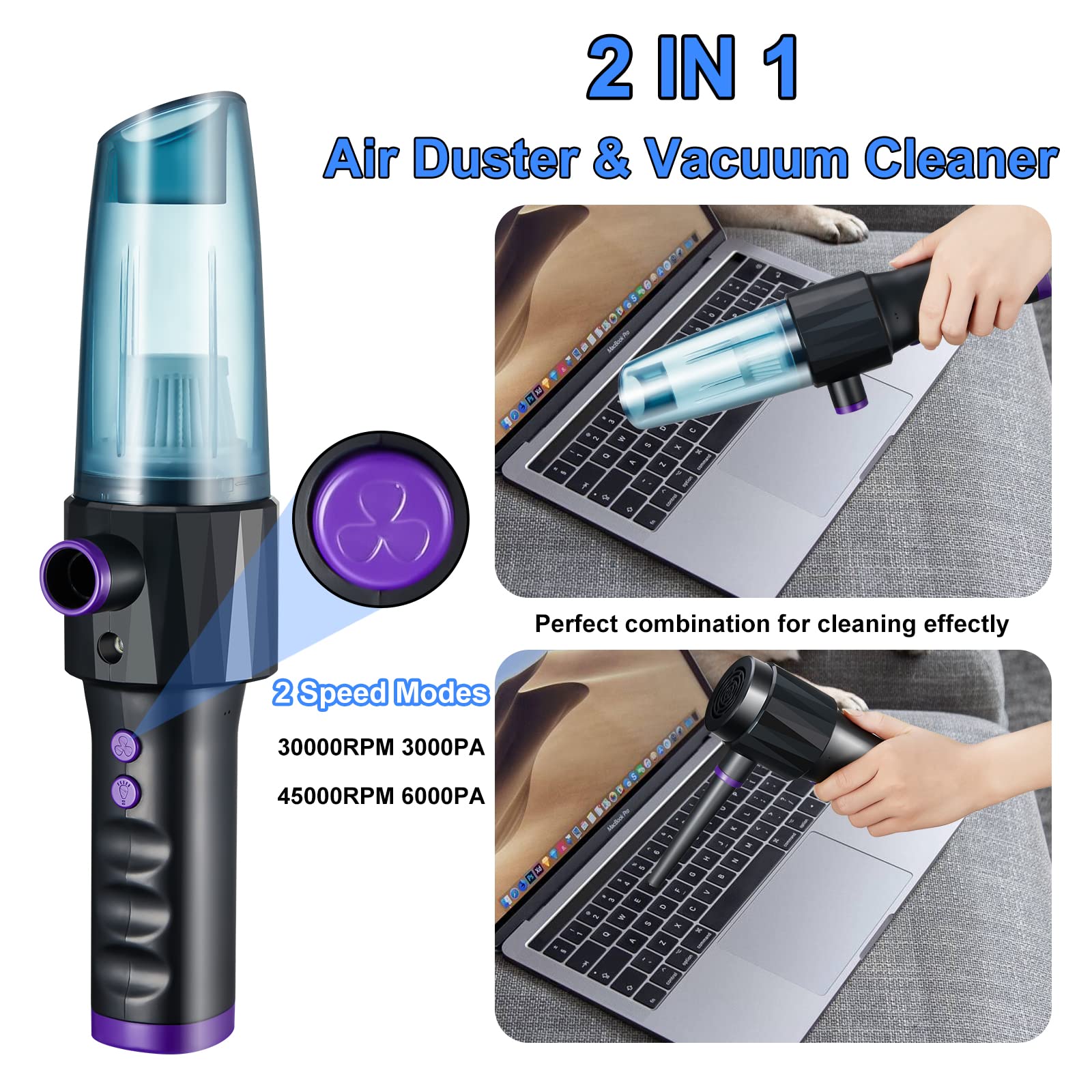 Spolverino ad aria compressa senza fili, soffiatore e aspirapolvere 2 in 1, 45000 giri/min, 6000 PA, portatile, elettronica, per tastiera, auto, computer, giocattoli