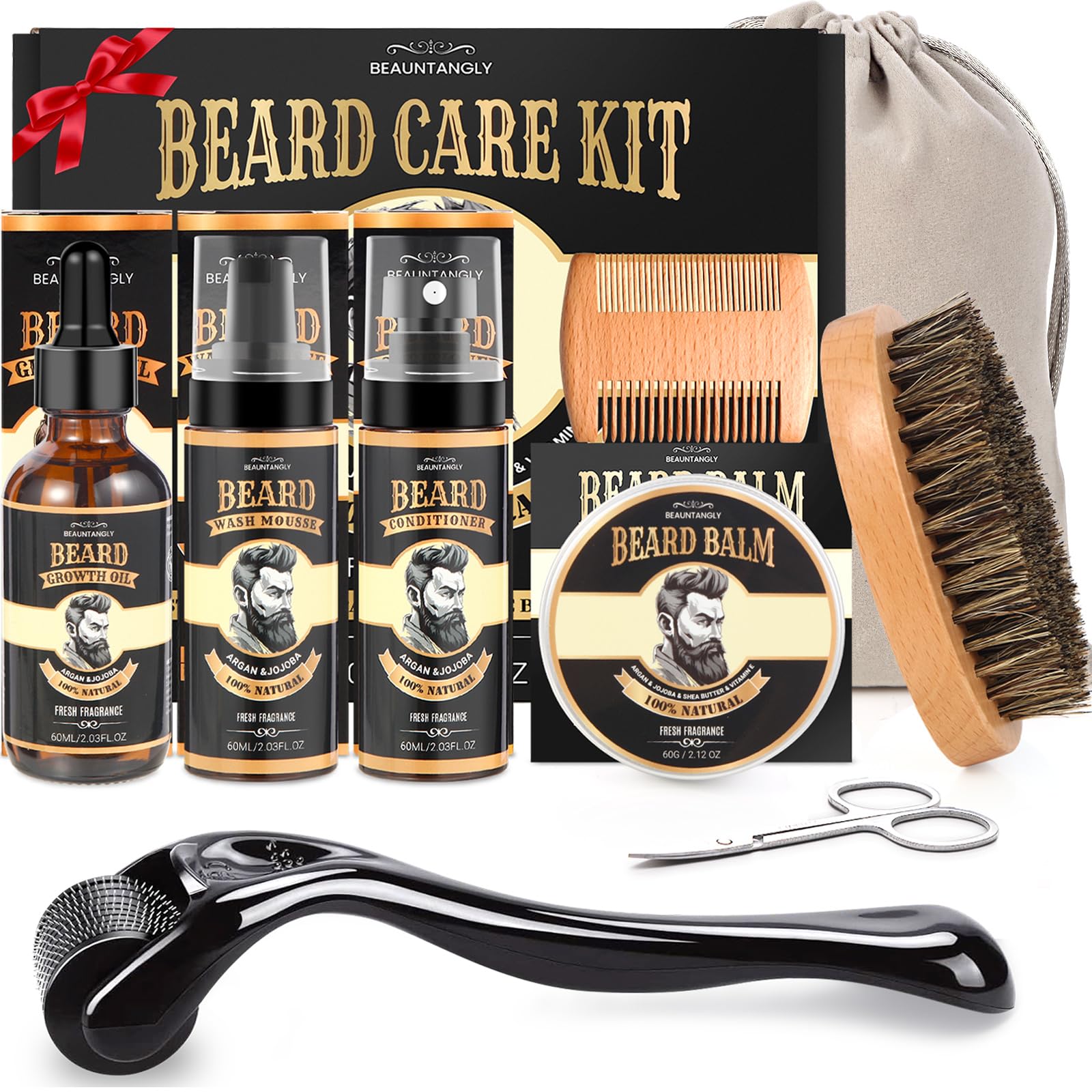 Beard Growth Kit Grooming Set w Growth Oil Conditioner Balm Shampoo Wash 0 25MM Roller Brush Comb Scissor