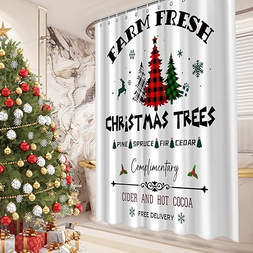 Miniatura 5 de HappyPumpkin Cortina de ducha de Navidad, árboles de Navidad a cuadros frescos de granja, rústico, retro, granja, impermeable, poliéster, decoración