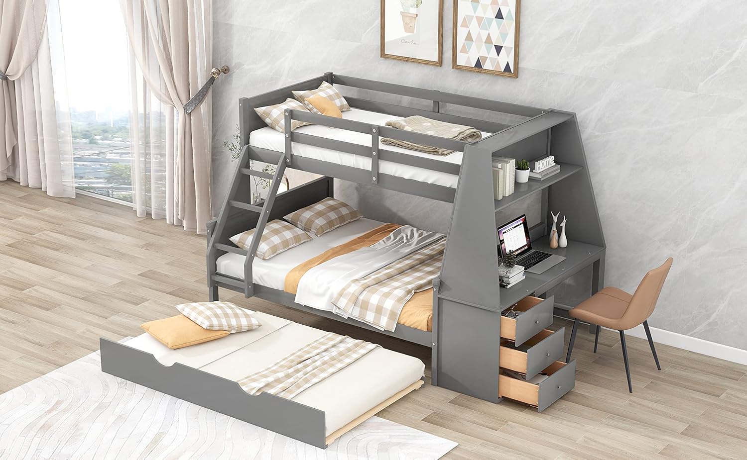 Harper & Bright Designs Twin Over Full Bunk Bed with Trundle and Built-in Desk, Three Storage Drawers and Shelf,Gray