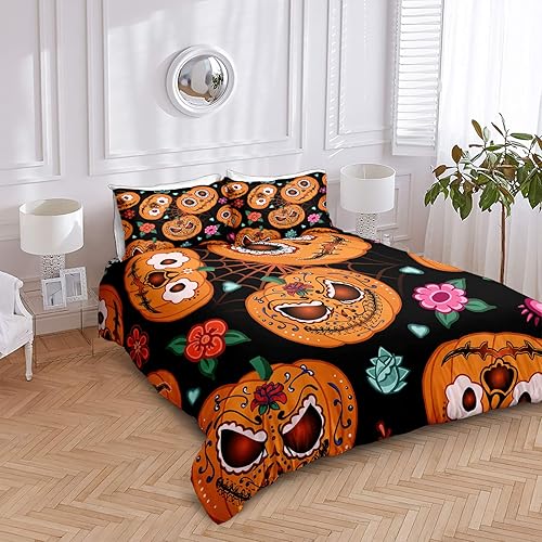 Miniatura 28 de Pumpkin Bedding Halloween Duvet Cover Set Funny Evil Pumpkin Pattern Design Black Halloween Bedding Set Queen 1 Duvet Cover 2 Pillowcases