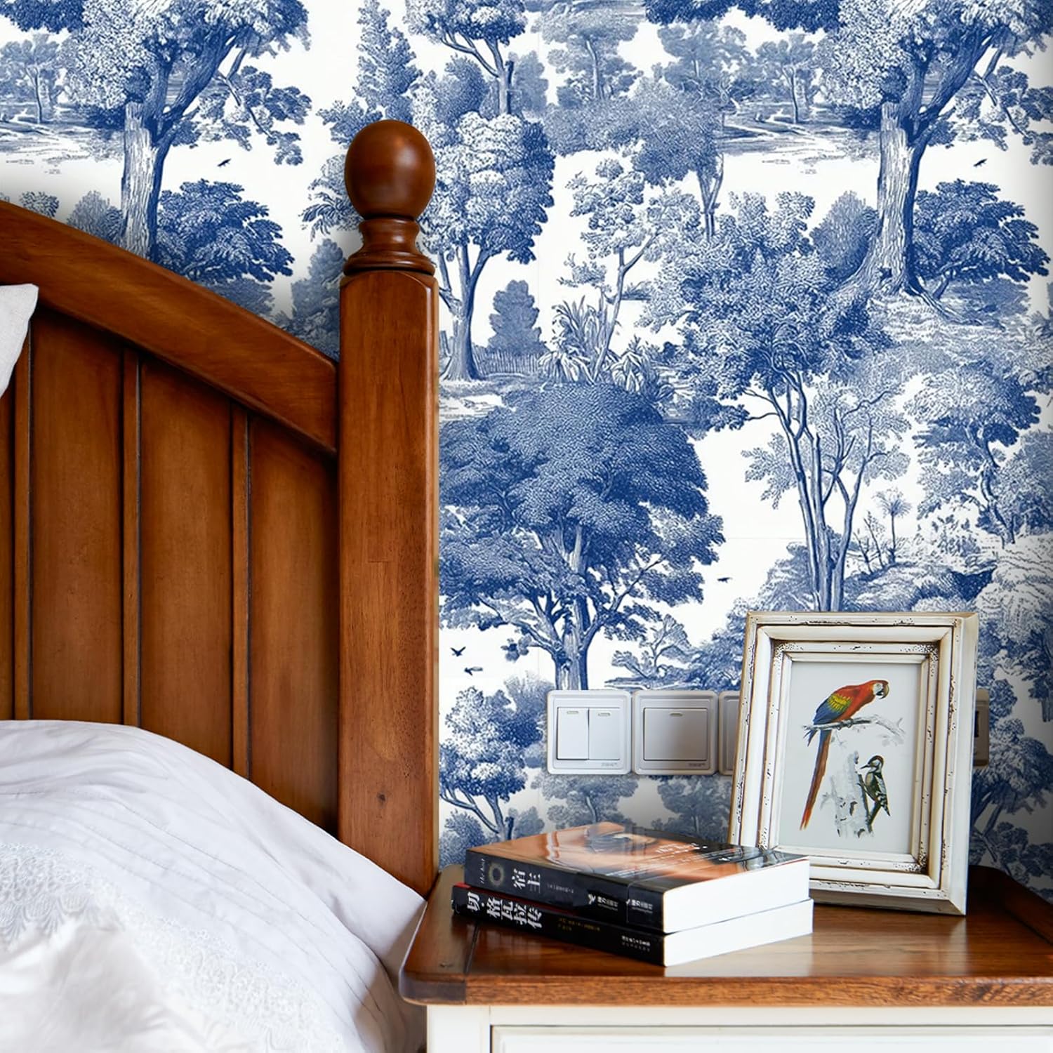 Blue Forest Elegant Vintage Wallpaper Self Adhesive Peel and Stick Watercolor Whimsical Botanical Leaf Tree Paper Removable Waterproof for Bedroom Renter Friendly 17.71"x118.1"