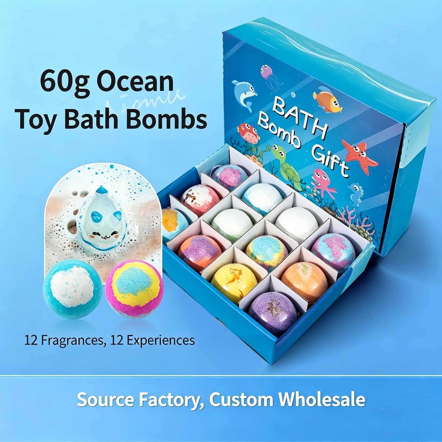 Ocean Toy Bath Salt Ball Sleeve Box Bath Bombs,Bath Bombs with Surprise Inside,Gift Set with 12 Sea Animal Toys,Fun,Educational,and Safe Natural Bath Bubble with Toys,Great Gift for Kids’Birthdays