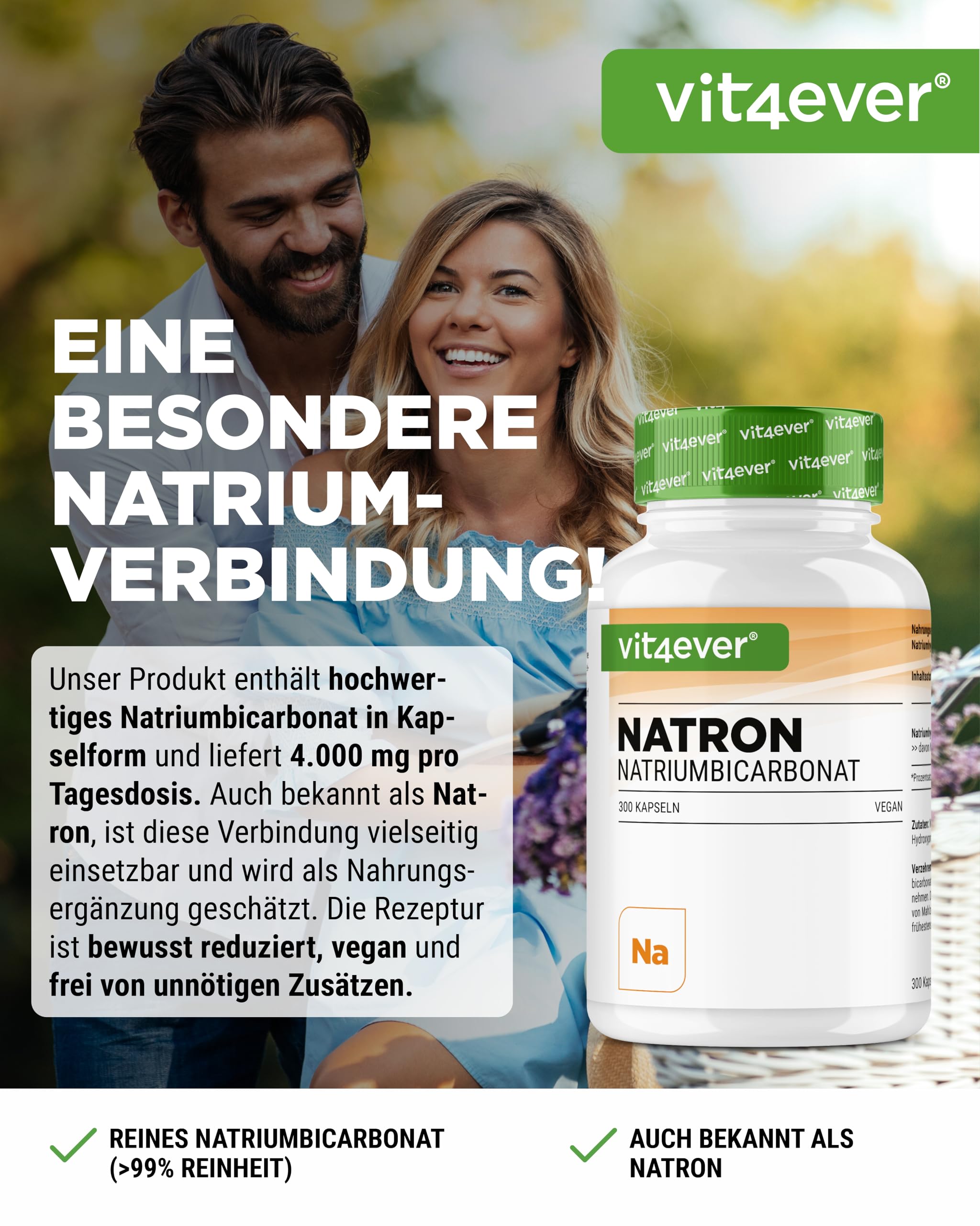 vit4ever Natron Kapseln - 300 Kapseln - 1000 mg Natron | 4000 mg Natriumhydrogencarbonat pro Tagesdosis, über 99 % Reinheit, vegan & ohne unnötige Zusätze