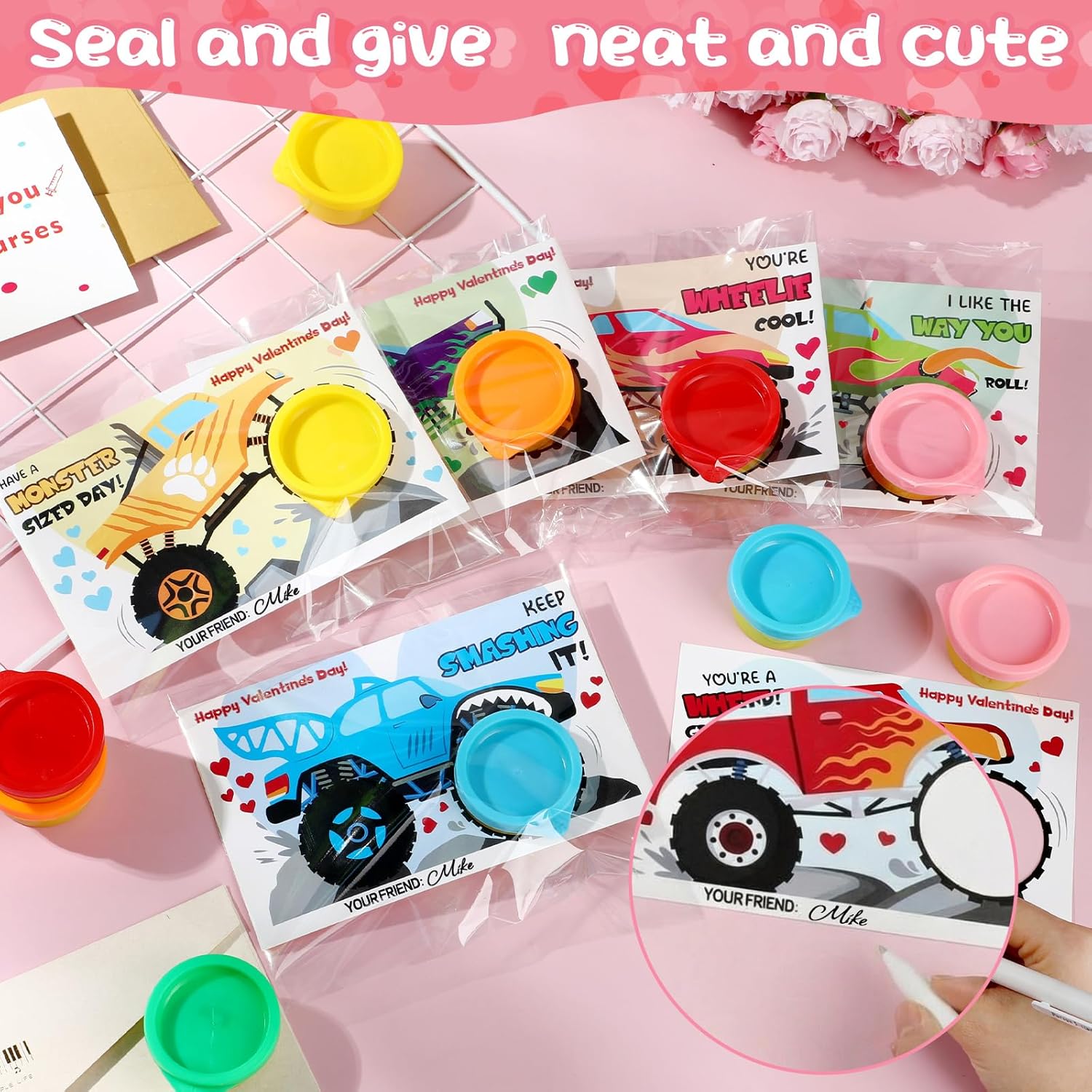 Seenelling 24 Sets Modeling Clay for Kid Mini Modelings Dough Bulk with Cards Goodies Bag Filler Classroom Gift Exchange Party Favor Kids Arts Crafts, Preschool Toys(Monster Truck)