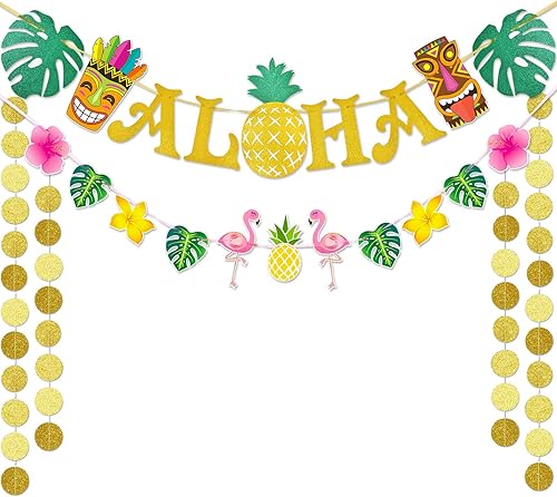WERNNSAI Pancarta hawaiana de Aloha para fiestas, flamenco, piña, tiki, tropical, Luau, suministros de fiesta, recuerdos, grande, dorado, brillante,