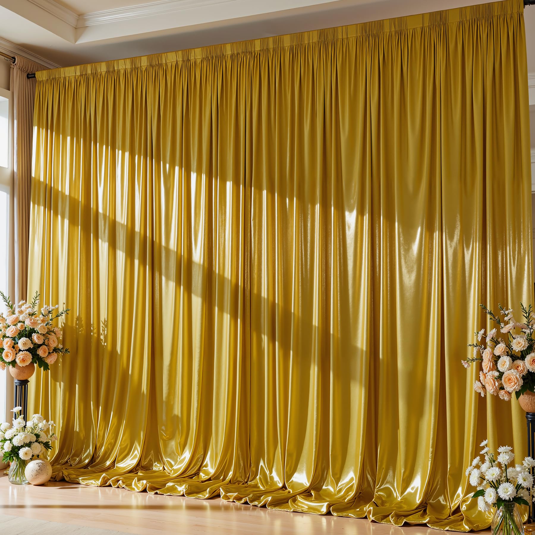 Photo 1 of 10x10ft Dark Gold Glitter Backdrop Curtain for Parties, Wrinkle Free Satin Photo Backdrop Drapes 2 Panels 5x10FT Shimmer Back Drop Cloth for Wedding Birthday Photoshoot Photography Background Decor