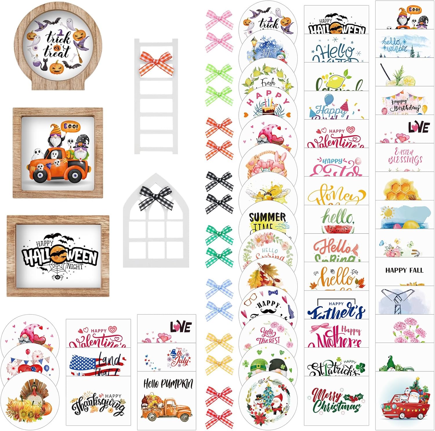 Bencailor 48 Pcs Interchangeable Seasonal Tiered Tray Decor Set Farmhouse Holiday Fall Halloween Tiered Decorations Include Wood Frames with Ladders Cards(Fresh Color,Year Round Seasonal) Bencailor 48 Pcs Interchangeable Seasonal Tiered Tray Decor Set Farmhouse Holiday Fall Halloween Tiered Decorations Include Wood Frames with Ladders Cards(Fresh Color,Year Round Seasonal)