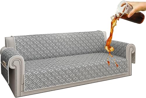 ALIECOM Funda 100% impermeable para sofá de 3 cojines, funda protectora de muebles con estampado y bolsillos para perros (L, gris a cuadros)