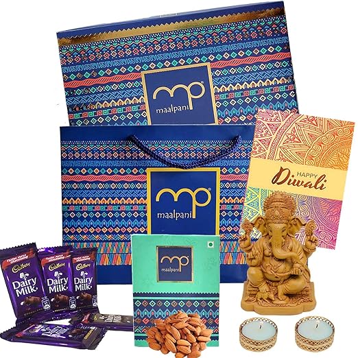 Maalpani Diwali Gift Pack | 50g Dry Fruits / 5 Chocolate Gift Hamper | Cadbury Chocolate | Diwali Pooja Box | Diya - Tealight Candle Gifts