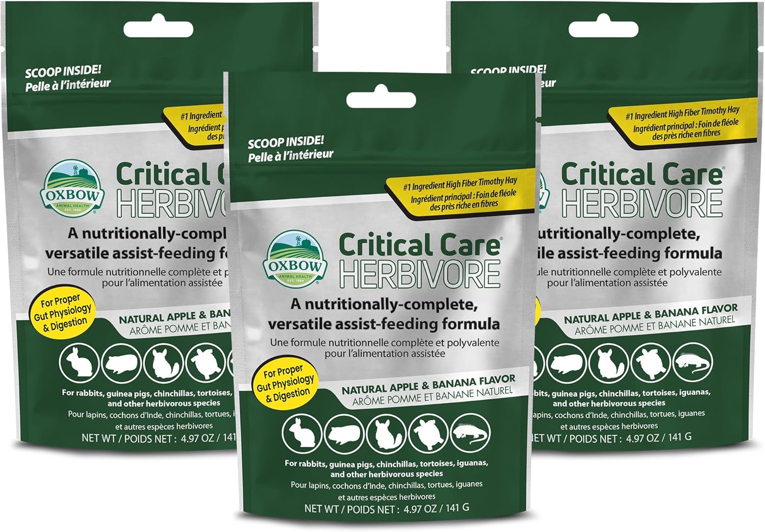 Oxbow Critical Care Herbivore, Emergency Guinea Pig Food, Rabbit Food for Recovery, Apple Banana Flavor, Veterinary Formula, Critical Care for Guinea Pig Emergency Kit, Made in USA, 141 Grams, 3 Pack