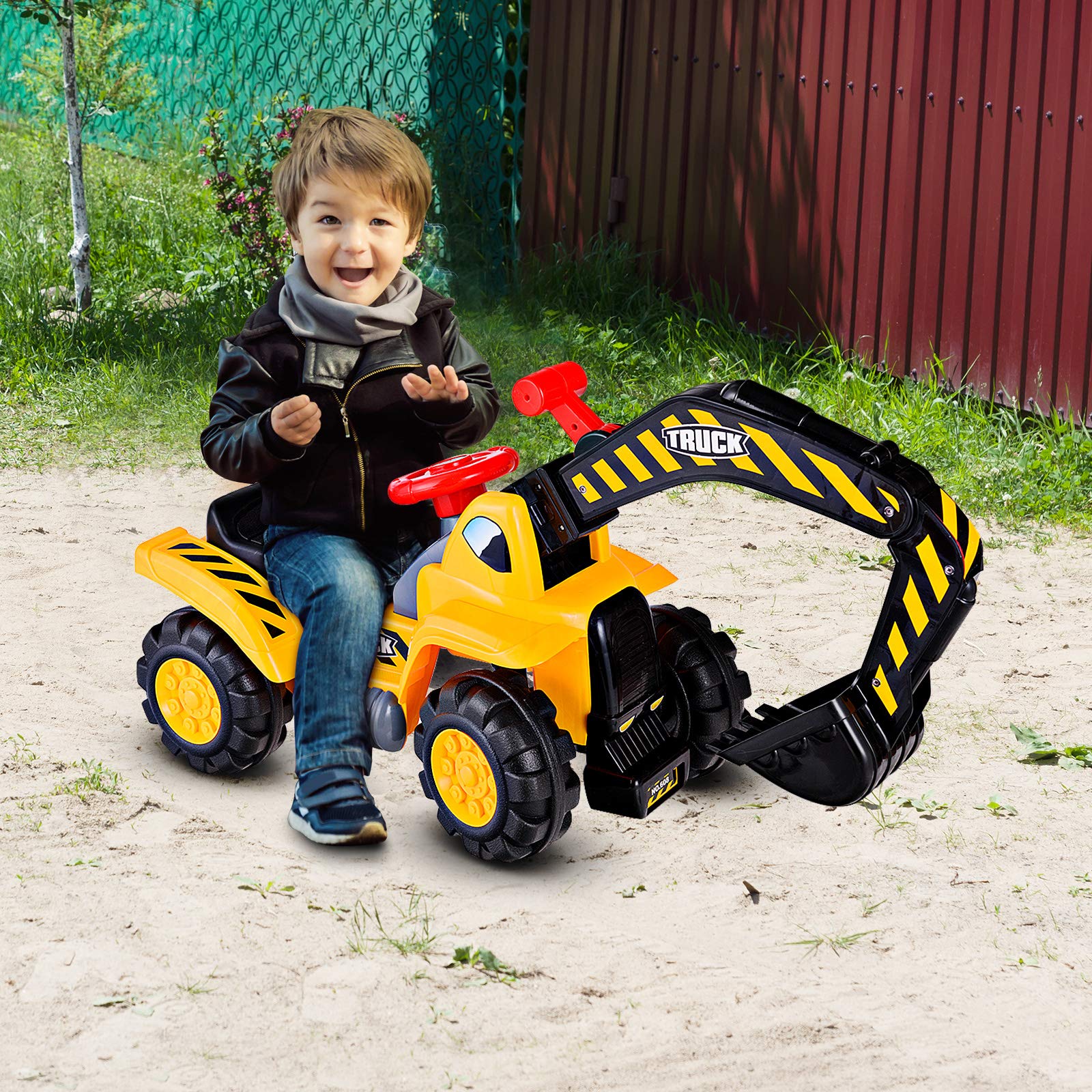 GOPLUS Sitzbagger Kinderbagger, Kinderfahrzeug Pedalfrei inkl. Schutzhelm und Künstlicher Steine, Sandspielzeug mit LED-Licht, Musik, Funktionstüchtiger Schaufelbagger für Kinder ab 3 Jahre
