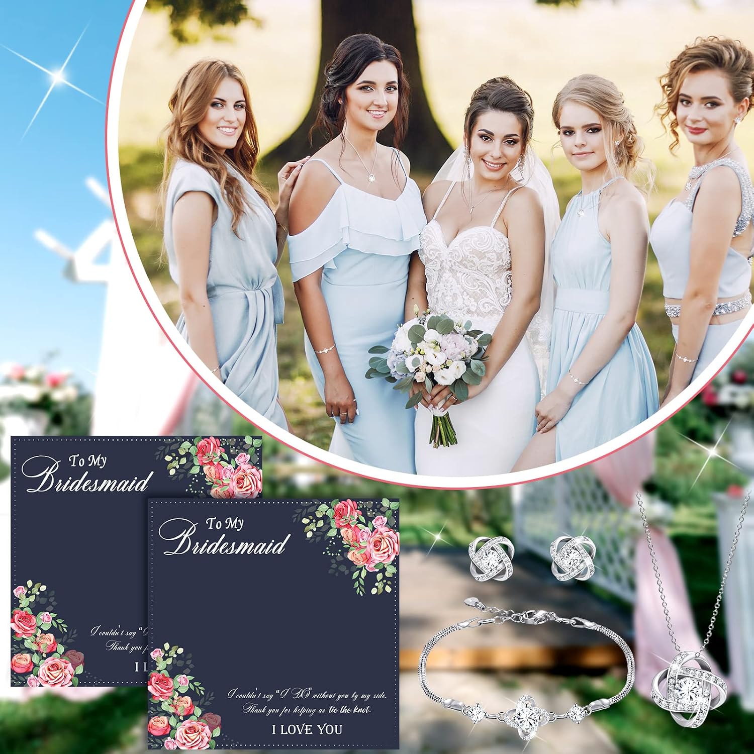 Yinkin 6 Bridesmaid Jewelry Sets Silver Wedding Jewelry Sets Will You Be My Bridesmaid Necklace Earrings Bracelet with Card Proposal Gift for Women Bridal Costume Accessories