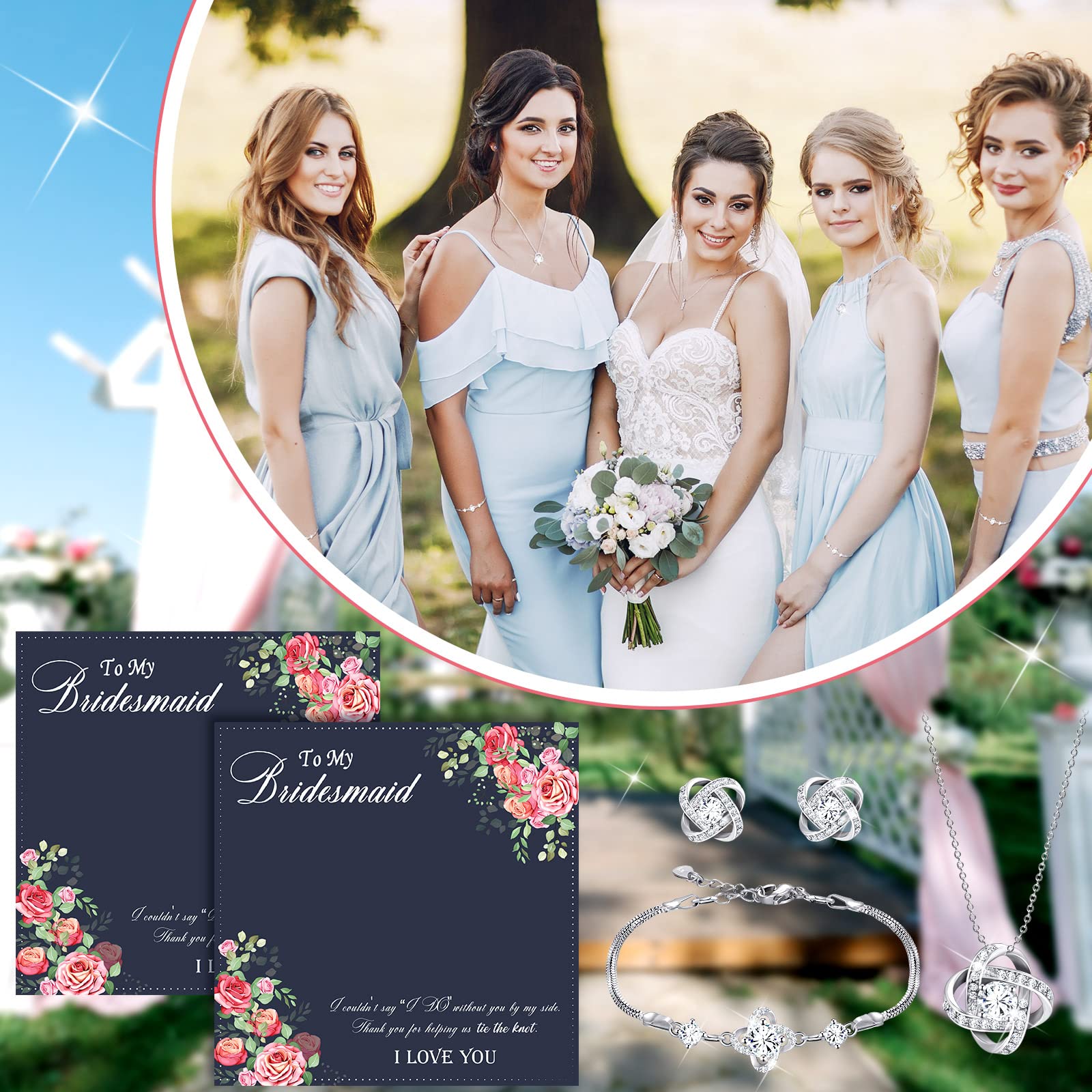 Yinkin 6 Bridesmaid Jewelry Sets Silver Wedding Jewelry Sets Will You Be My Bridesmaid Necklace Earrings Bracelet with Card Proposal Gift for Women Bridal Costume Accessories