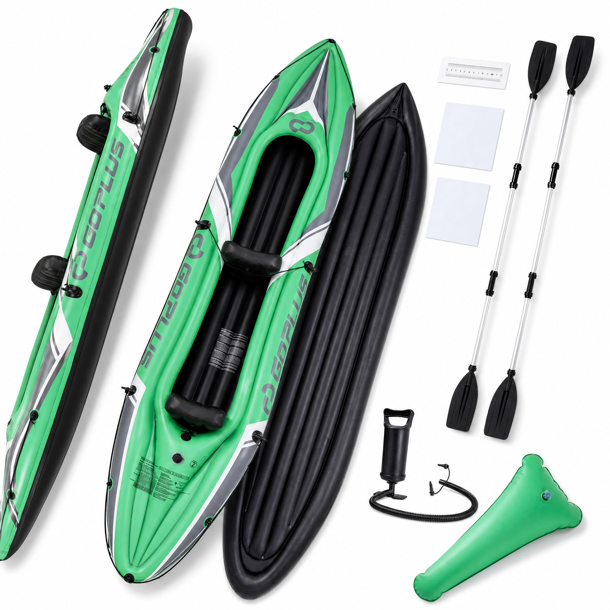 GOPLUS Kayak Hinchable para 2 Personas con Remos | Barca Inflable para Pesca con 2 Asientos, Bomba Manual, Regla para Pescar, Carga de 160 kg, Kit de Reparación