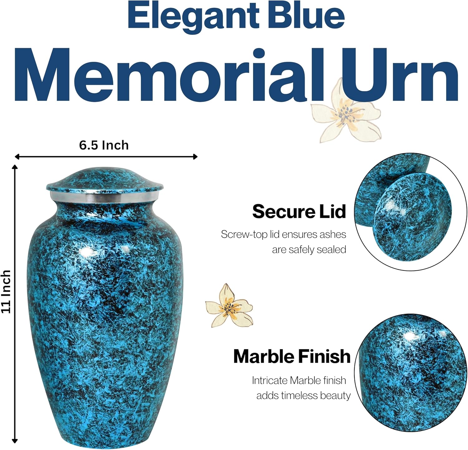 ALPHA Living HOME Large Cremation Urn for Human Ashes - Handcrafted Decorative Funeral Urn with Marble Finish - Memorial Urn for Adult Ash with Secure Threaded Lid Holds Up to 200 lbs 11" (Blue) - Image 4