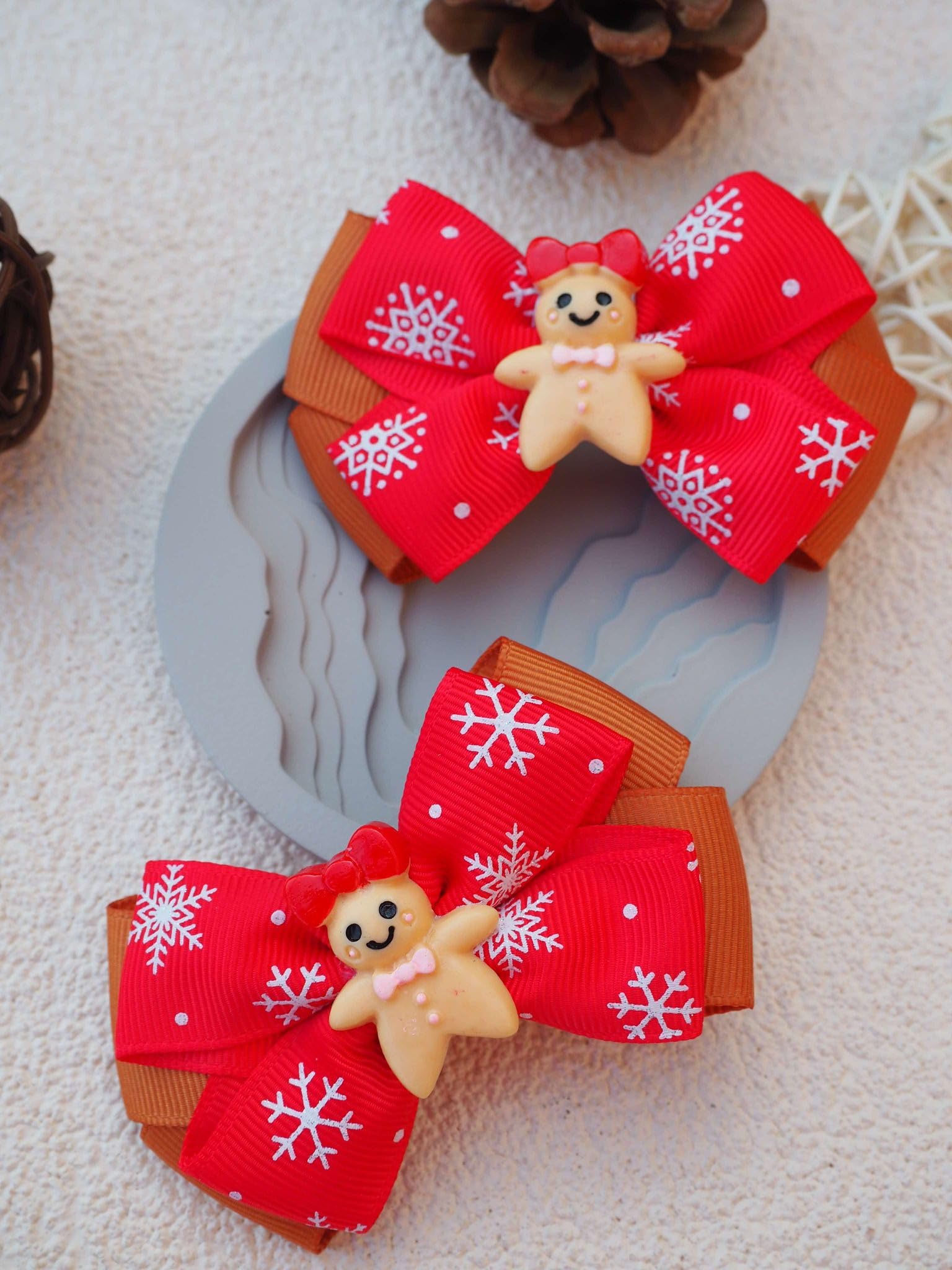 MeiMei Christmas Gingerbread Girl Hair Bow with Elastic Bobble, Handmade Girls Hair Tie, Grosgrain Ribbon Hair Accessories - Image 4
