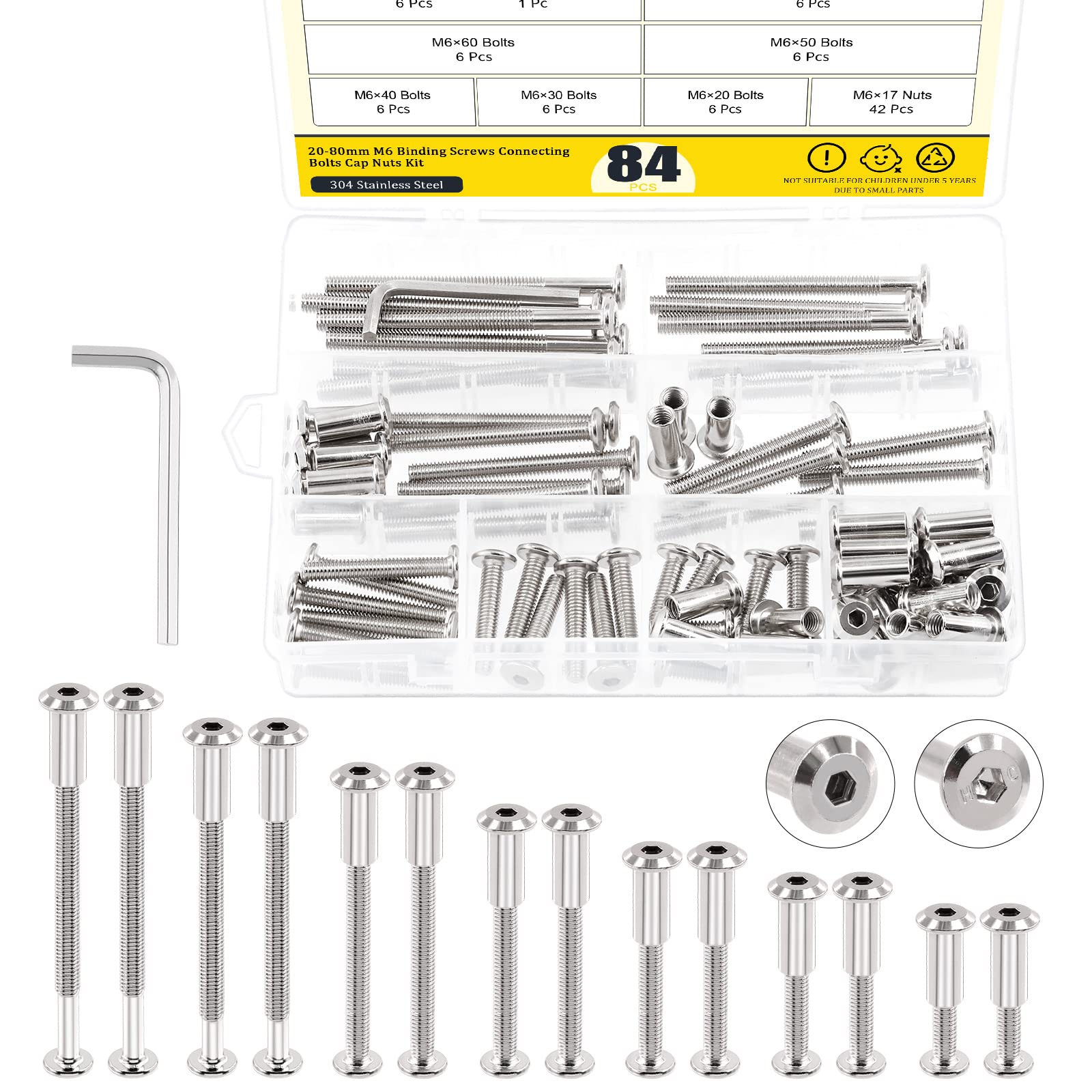 Mardatt 85 Pcs 7 Size M6x20mm-80mm Nickel Plated Silver Hex Drive Socket Cap Bolts Assortment Kit with Hex Key Countersunk Screw Barrel Nuts Binding Screws for Crib Belt Buckle Cabinet Furniture