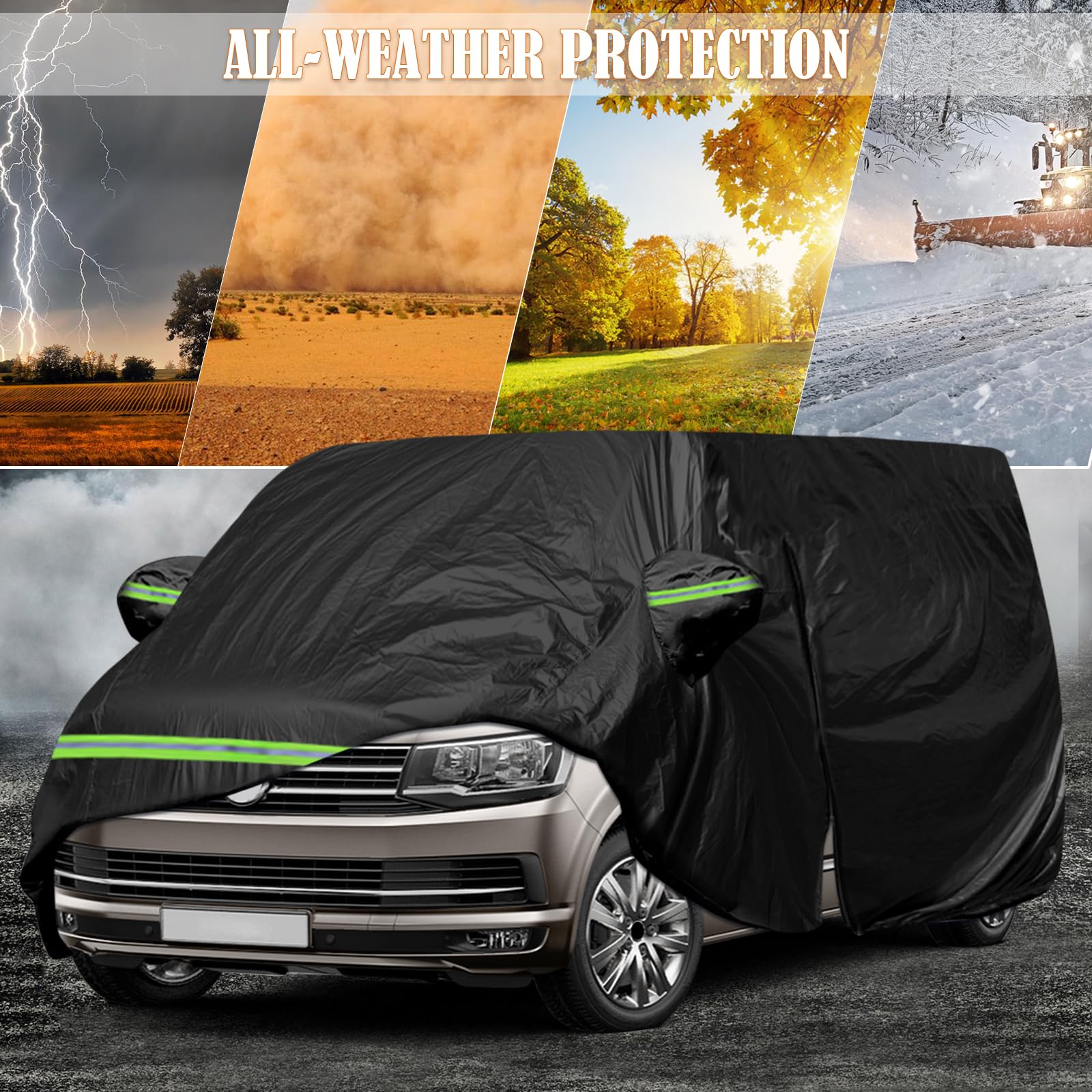 Autoabdeckung Wasserdicht Passend für VW T5 T6 LWB Transporter, Schwarz Vollgarage Autoplane mit Reißverschlusstür für Schnee, Regen, Allwetterschutz