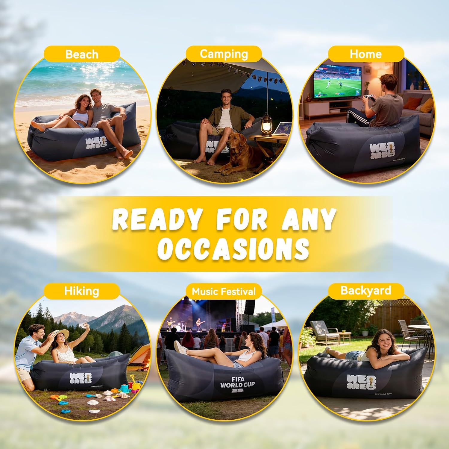 MESUCA FIFA World Cup 2026 Official Edition Inflatable Air Sofa Lounger, No Pump Air Couch for Beach Camping, 450lbs Portable Blow Up Chair, Waterproof 210T Polyester Outdoor Sun Lounge Black