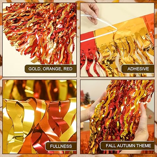 Miniatura 6 de Mega-L - Decoraciones de fiesta de otoño, paquete de 2 faldas de mesa con flecos metálicos ondulados de oropel para mesa rectangular y redonda,