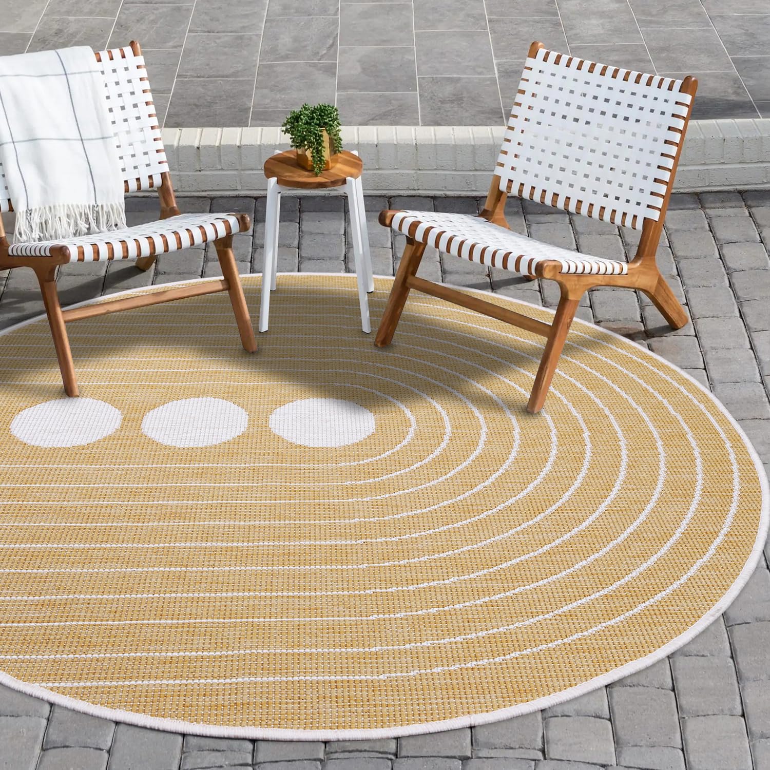 Payé Tapis réversible Jaune ocre crème 160 x 160 cm Motif cercle Rond Résistant aux intempéries pour balcon, terrasse, intérieur salon cuisine