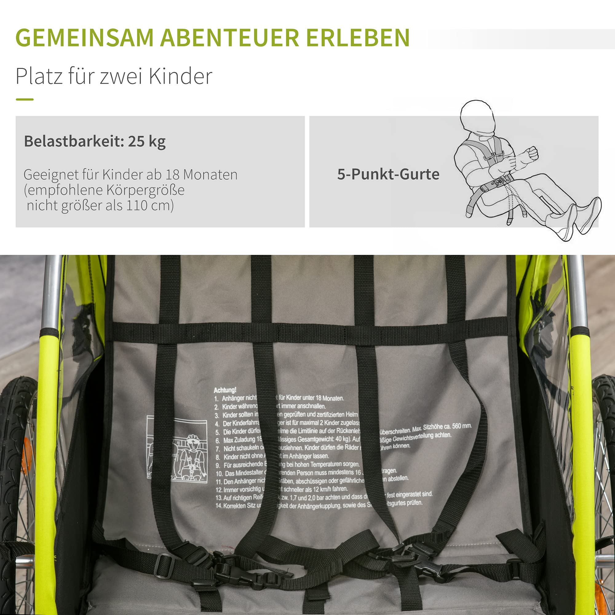 HOMCOM Remolque de bicicleta 2 en 1 con bolsa de almacenamiento de dos capas de tubo de acero oxford verde + negro, 160 x 84 x 106 cm