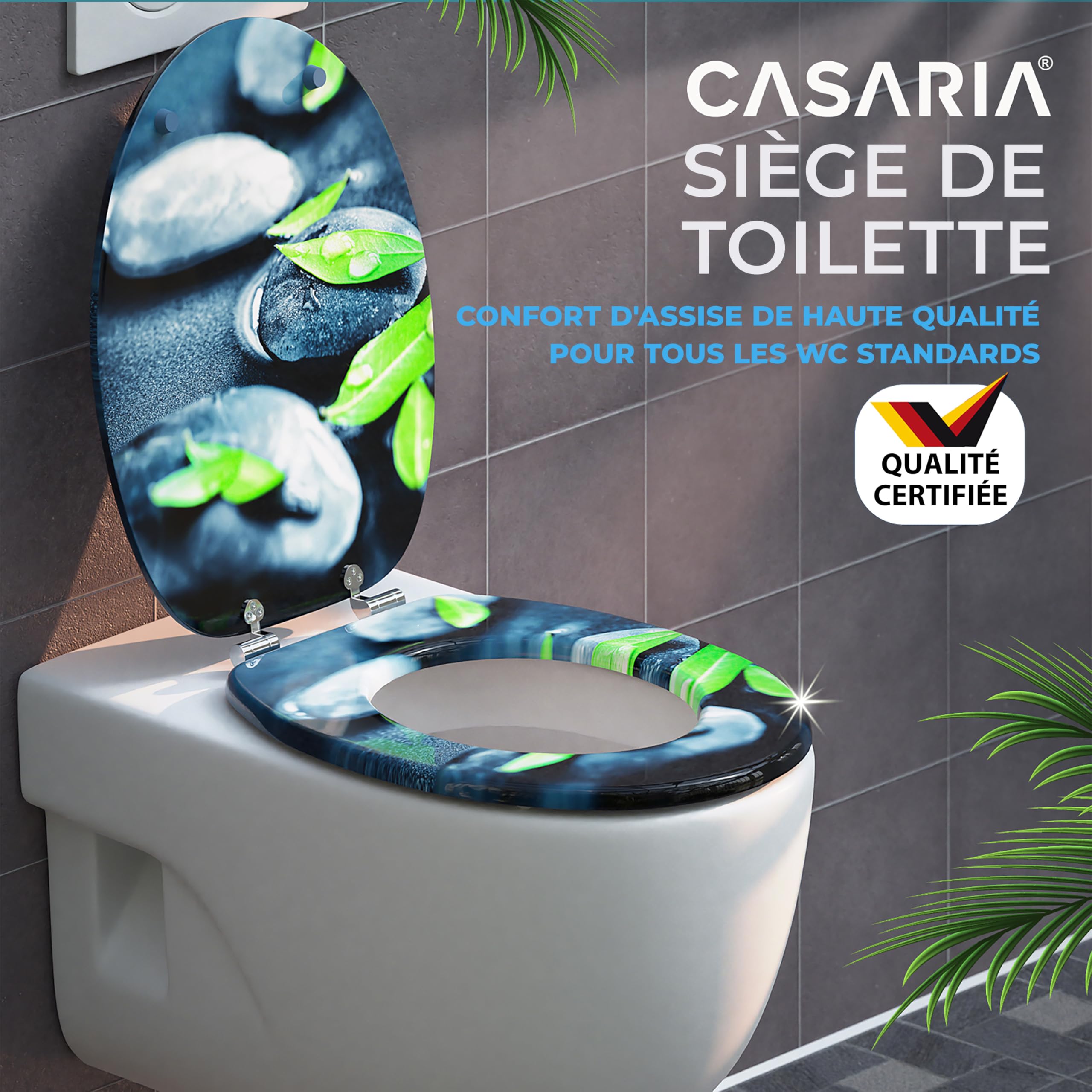 CASARIA® Siège de WC Pierre-Feuille abaissement automatique MDF abattant standard salle de bain lunette couvercle toilette | Système d'abaissement automatique, Lunette de toilettes, Frein de Chute, Montage Facile, Bois MDF Haute Qualité